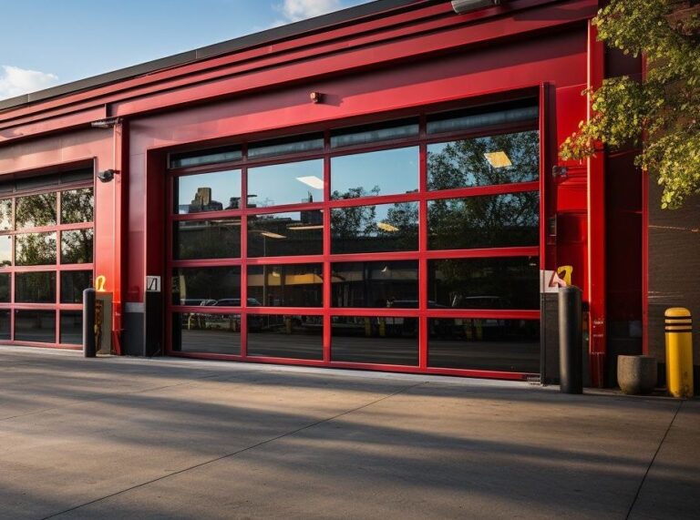 Red Aluminum and glass sectional doors for retail buildings