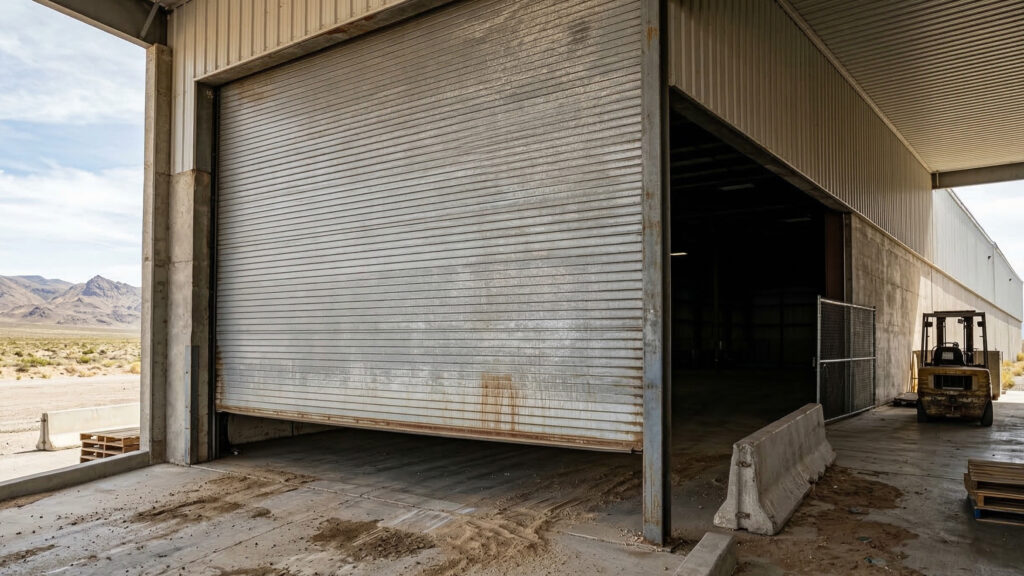 Weathered steel rolling door at a warehouse loading dock