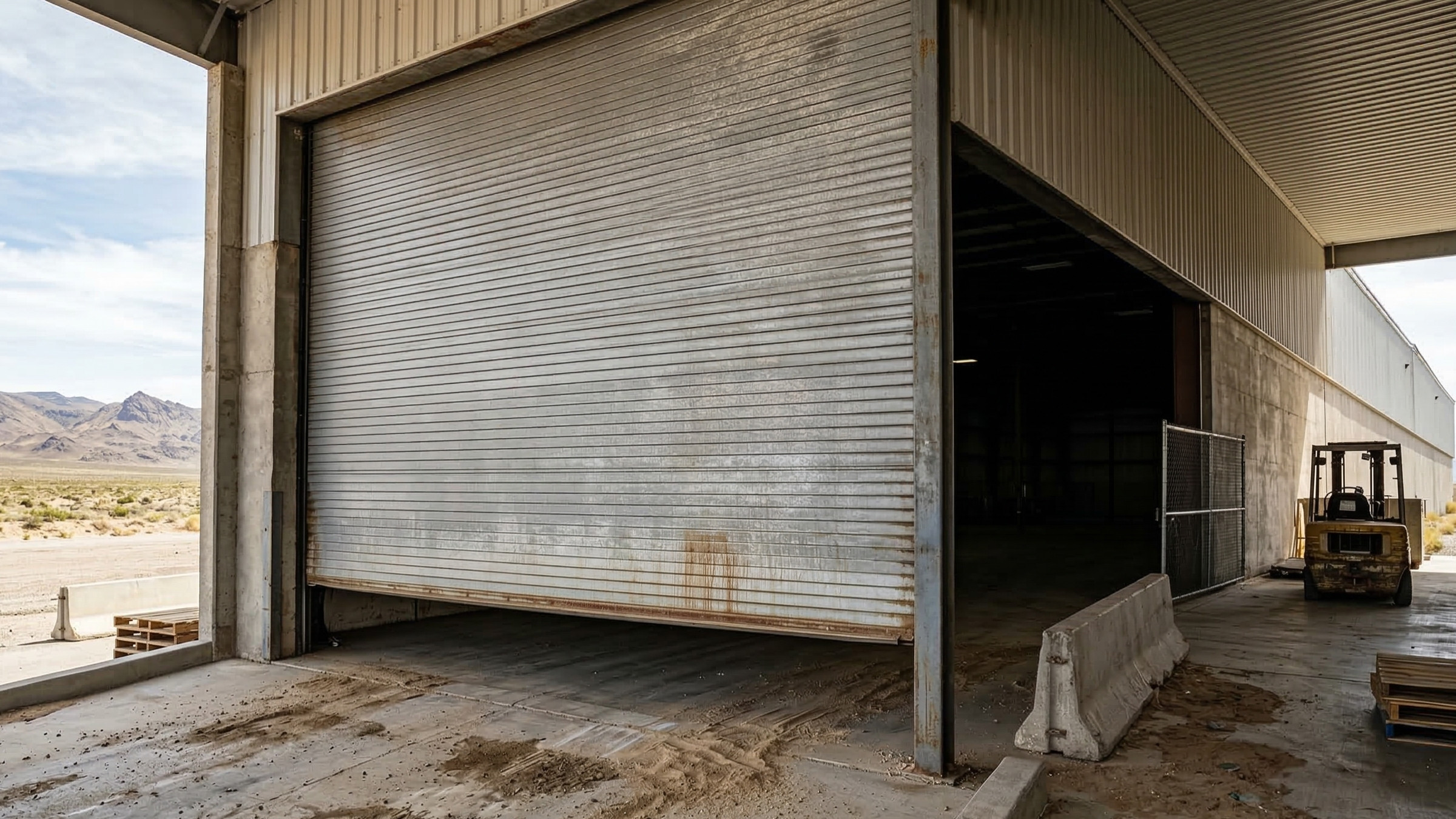 Weathered steel rolling door at a warehouse loading dock